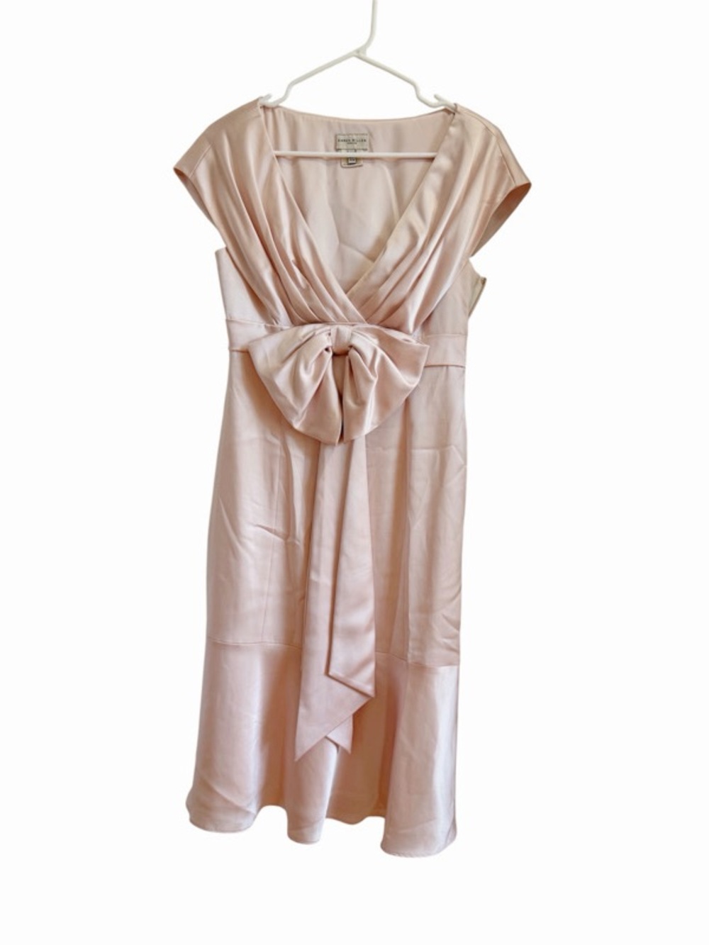 Karen Millen Soft Blush Pink Satin Midi Dress with Front Bow